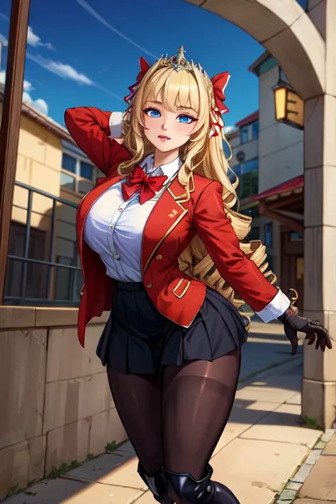 (masterpiece, best quality, absurdres, 4k, aesthetic, detailed, intricate),1girl,nikkecrwn,tiara, hair ribbon, long blonde drill hair, drill locks,school uniform, school uniform, blazer, red blazer, bow, bowtie, collared shirt, jacket, long sleeves, pleate...