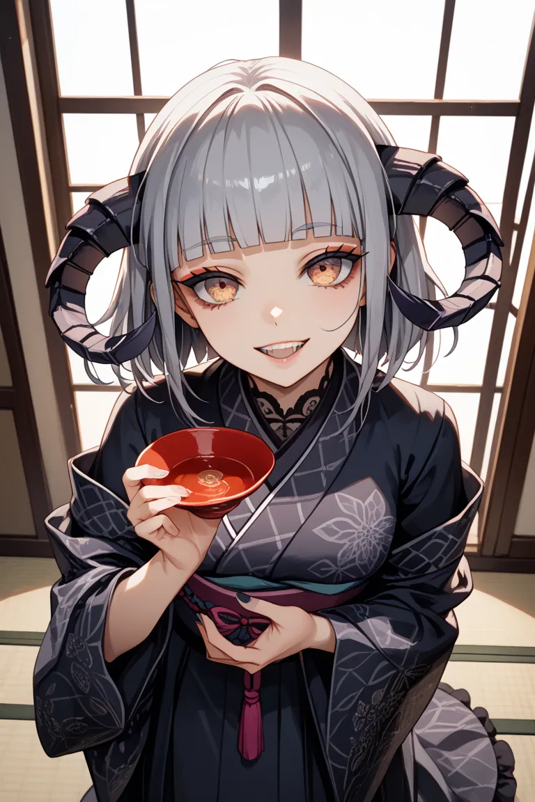 Ultimate SD Upscale, Hires.fix,  1girl , One picture,  composition from above, full body illustration, 26 years old, Front face, Gray Hair,  double teeth, frill kimono,  gothic punk, yandere, menhela, asymmetry bangs, swept bangs, blunt bangs,  Japanese sa...