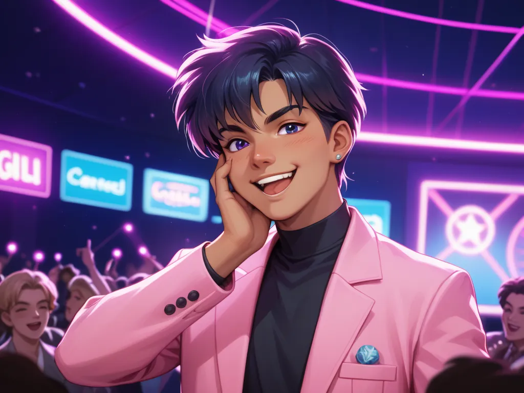 A 90s Bishonen anime-style image, in the style of Inuyasha, of a young male with brown skin, short hair, and wearing a pink suit, black shirt and pink tie. He is singing on a stage with a mic in his hand andsmile on his face in a futuristic night club surr...