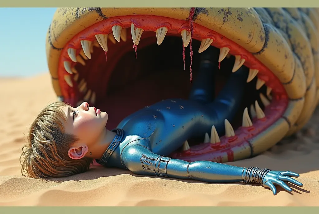  A r boy, , (),  lying, Immobile body, (devoured ), Giant sandworm , Desert,  His limbs are bound by the creature and  ( half of his body is already in the mouth full of the worm's teeth ) , ( there are injuries and blood on his body and clothing ). Her ha...