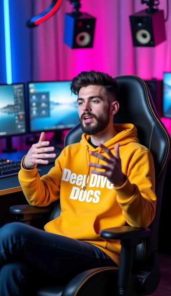 "A young man with neatly styled dark hair and a well-groomed less beard sits confidently in a gaming chair. He is wearing a yellow hoodie with the text Deep Dive Docs in bold white letters. His hands are gesturing expressively as he speaks, creating a dyna...