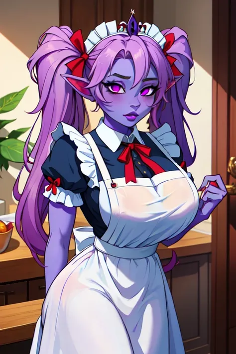 (masterpiece, best quality, absurdres, 4k, aesthetic, detailed, intricate), Poppy from lolo, tiara, hair ribbon, twintails,magenta eyes, colored skin, purple skin, french maid outfit, victorian maidservant, maid apron, White brim,
colored skin, purple skin