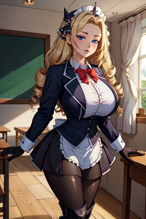 (masterpiece, best quality, absurdres, 4k, aesthetic, detailed, intricate),1girl,nikkecrwn,tiara, hair ribbon, long blonde drill hair, drill locks,school uniform, school uniform, blazer, red blazer, bow, bowtie, collared shirt, jacket, long sleeves, pleate...