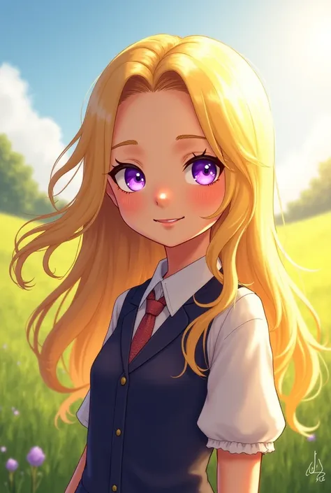  A girl with long blond hair , wavy with purple eyes like amethyst and with a smiling expression wearing the uniform of The Promised Neverland and in the background that is in a field 