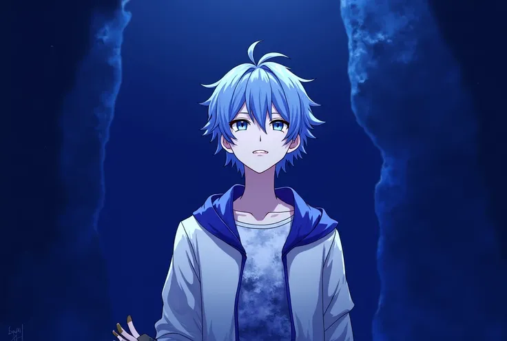 The left half is dark blue, The right half sings a man with light blue hair and gray eyes