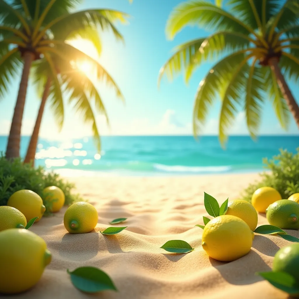 Realistic sunny beach with green lemons on the sand without people and with coconut trees