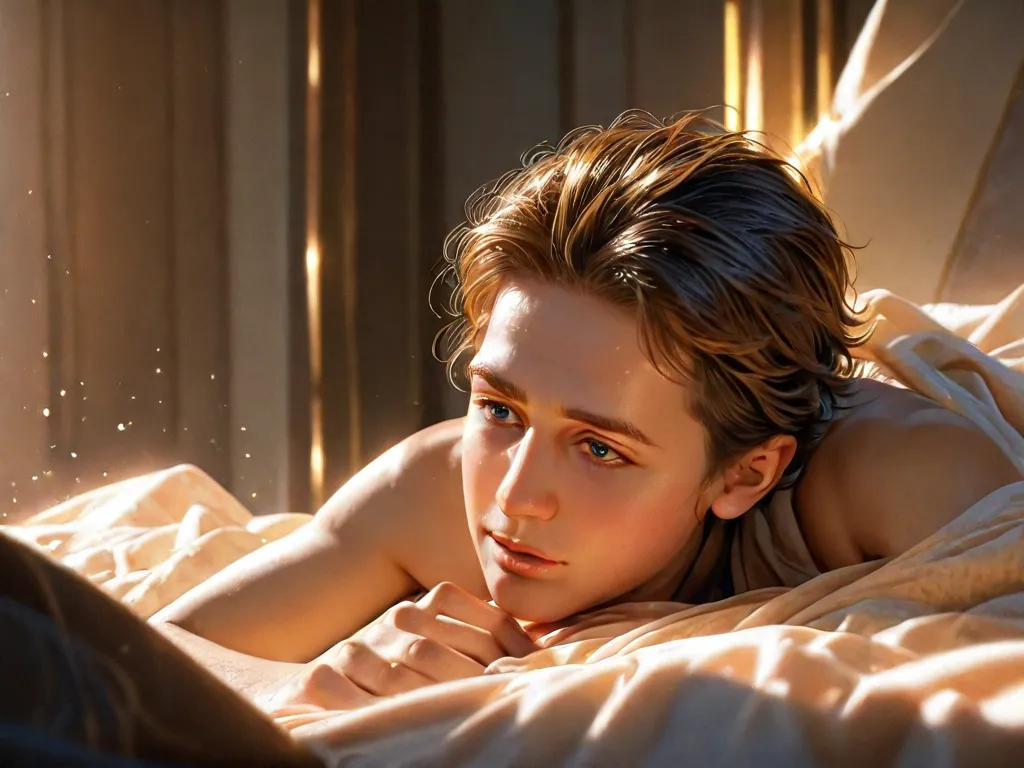 young man, lying on bed, looking horny, ejaculating