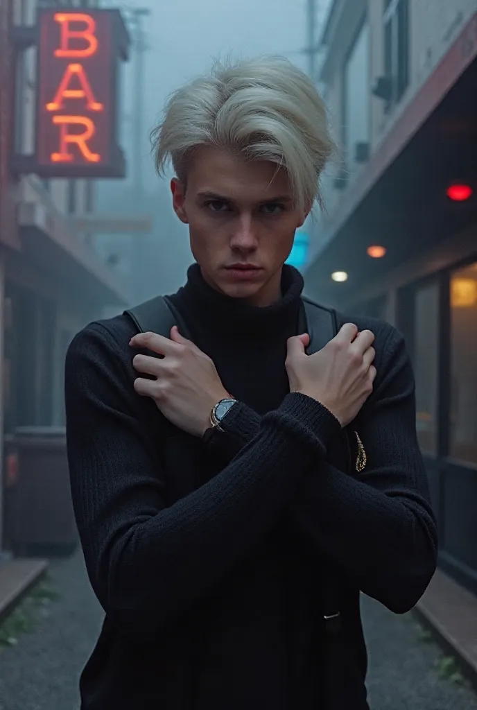 Kywitt, 19 years old, white guy,  blond hair. black sweater ,  angry face, grey street, alley,  moonlight, fog, men's jacket neon bar sign in the background, watches are on hand looking at the camera