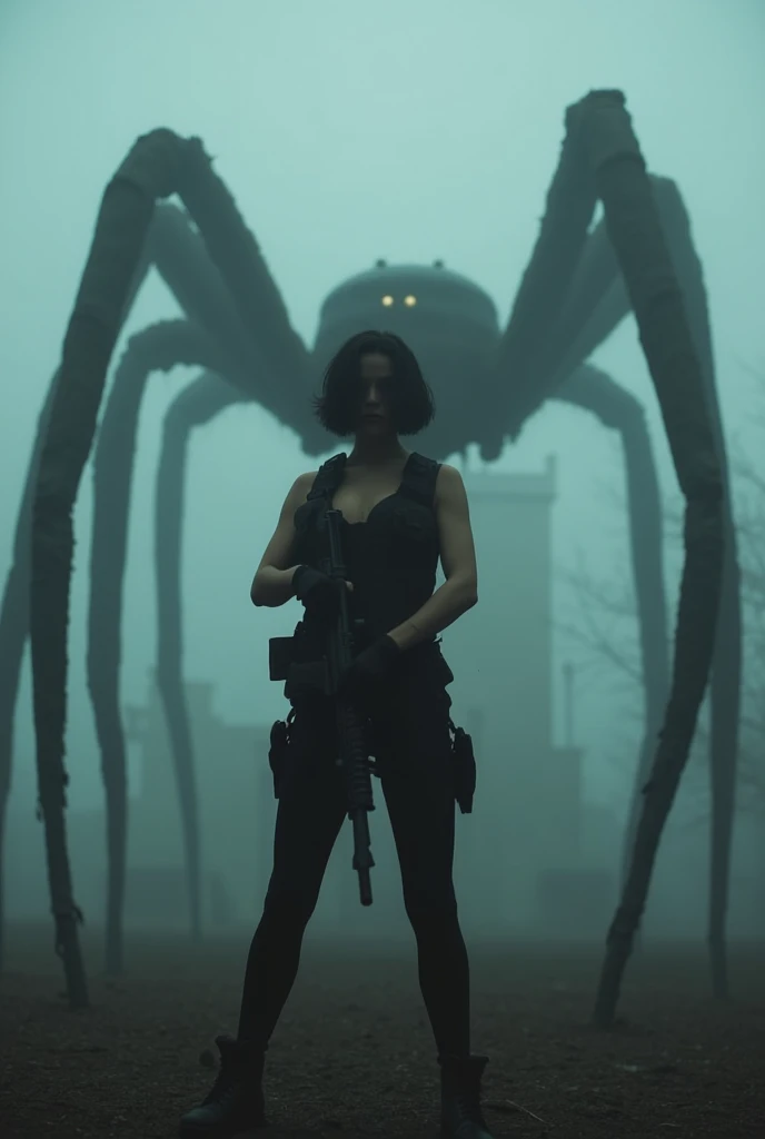 Anya (short black messy wavy bobbed  hair) wesring black lycra bodysuit. Black tactical vest. holding a sniper rifle. In a misty, smoky churchyard surrounded by giant spiders 






