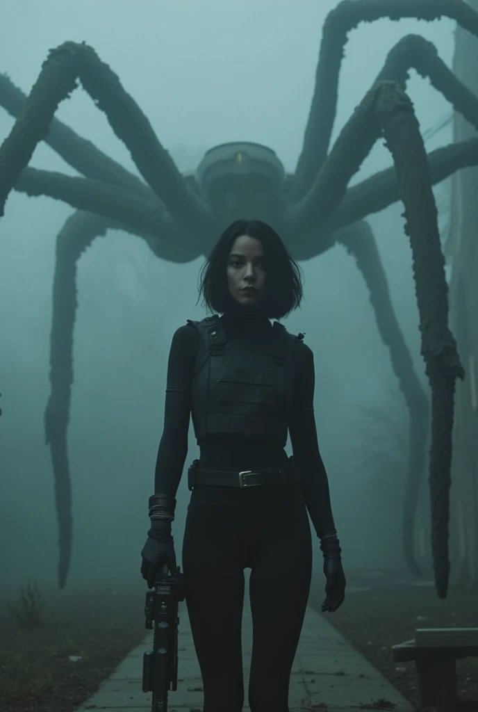 Anya (short black messy wavy bobbed  hair) wesring black lycra bodysuit. Black tactical vest. holding a sniper rifle. In a misty, smoky churchyard surrounded by giant spiders 






