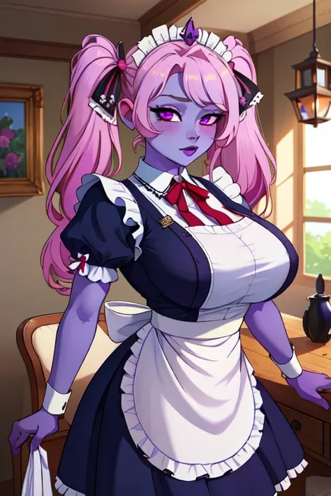 (masterpiece, best quality, absurdres, 4k, aesthetic, detailed, intricate), Poppy from lolo, tiara, hair ribbon, twintails,magenta eyes, colored skin, purple skin, french maid outfit, victorian maidservant, maid apron, White brim,
colored skin, purple skin