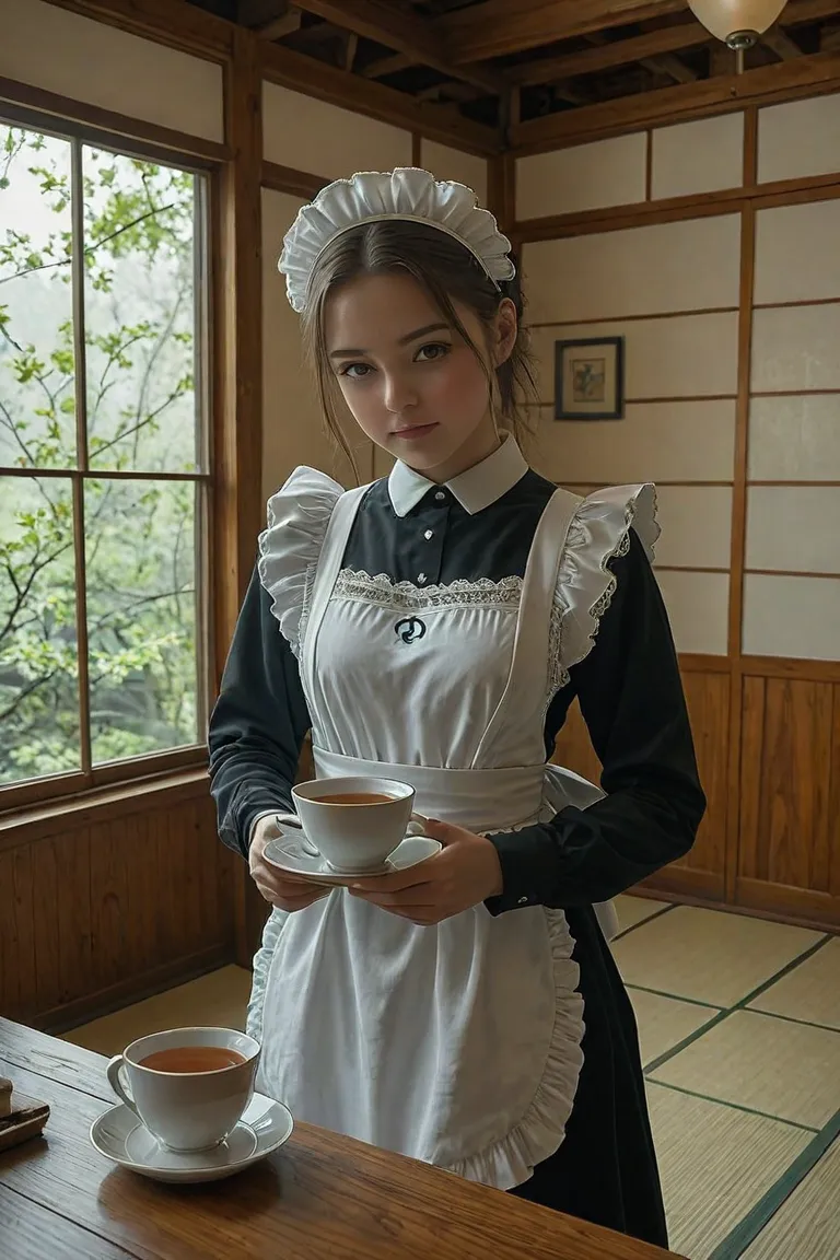 A maid offers me a cup of tea in the anime style