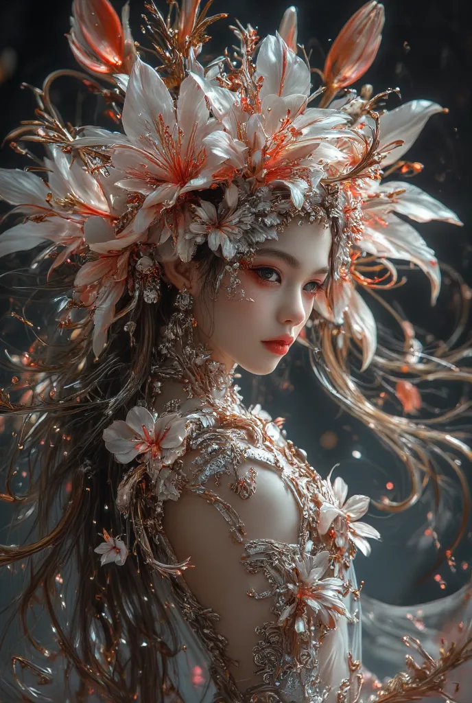 (anthropomorphic lily flower), (girl and lily flower fusion), Lily Flower Fairy, I drew a shining girl in detail, Smiling Girl, Ornate and lavishly decorated figure, Picture of a shining person,long hair,( Yan Photo), Calm Atmosphere,It's so beautiful that...