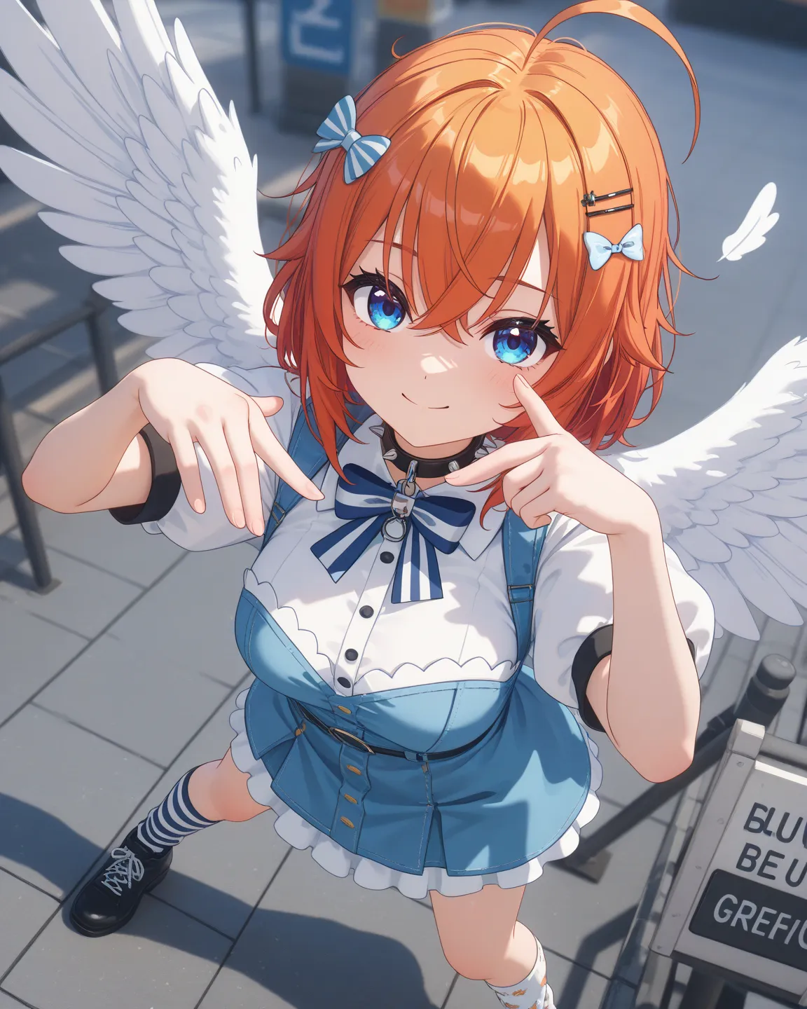 1girl, blue eye, big eye,beautiful shiny eye, messy hair, red hair, ahoge, short dress, blue dress, puffy outfit, angel wings, blue and white striped bow tie, spiked choker, mismatched socks, Angel themed hair pins,breast,cute pose,cute hand, sign,smile\),...