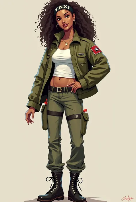 Create an image similar to the image above with the following information:

1- She must have brown eyes; 
2- her clothes are: Army clothing, but with the white top;
3- it needs to be sexy and on the shoulder of your blouse, have an Estela; 
4- Boots with s...