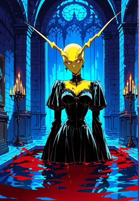  demon girl , Yellow Skin Stains, Horns , elegant clothes, breasts, Elegant Jewelry, aggressive, brown, (Half a body submerged in a pool of blood). Background: castle. dark atmosphere