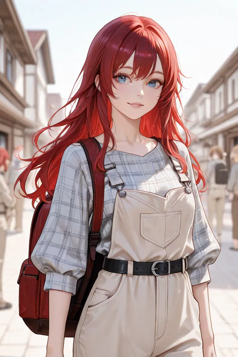 Realistic concept art of a character is a young white woman with long, wavy red hair that cascades down past her shoulders. She has striking blue eyes, fair skin, and delicate facial features, giving her an almost doll-like appearance. Her expression is ca...