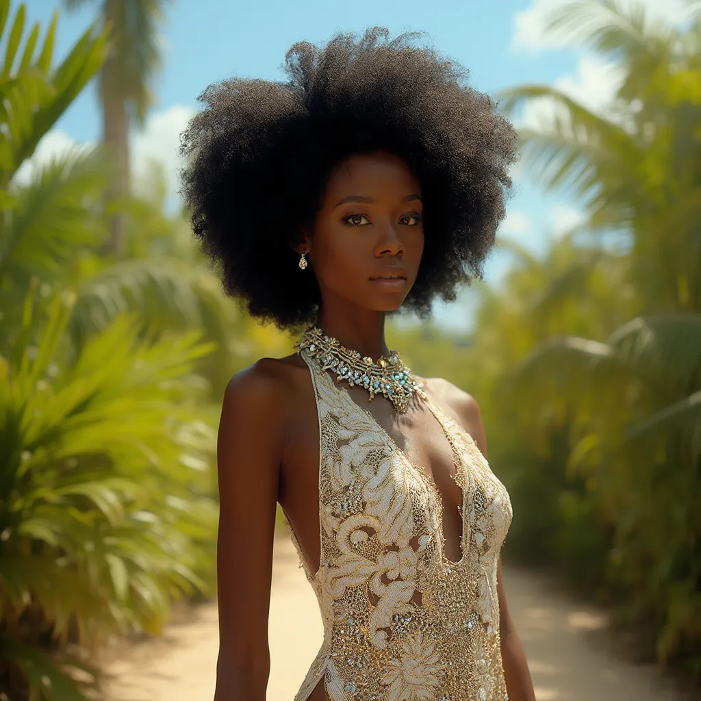 A young Khoisan woman with a voluminous black afro, wearing a stunning white and gold glittering lace dress. She has a diamond and opal blended transparent necklace around her neck. She stands in a vibrant Caribbean setting, with lush tropical foliage and ...