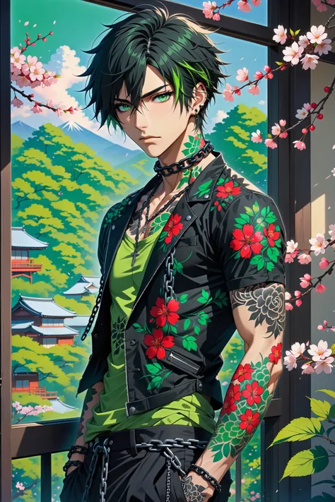 quality masterpiece, anime style, front view, solo, male, skinny, muscular definition, black emo hair, ((green highlights in hair)), (scruffy short hair), ((Green eyes)), Ear gauged, Spiked Collar, Nails black painted, body covered in Flower tattoos, Weari...