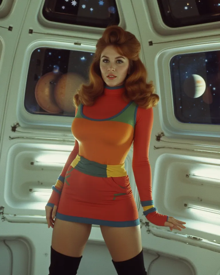 A vintage space age artistic image, low angle dutch angle, buxom unique female character, sci-fi 1968, long wavy auburn bouffant hairstyle that is high at the top of her head and cascading over her shoulders, curvy, wearing a form fitted 1960s short colorf...