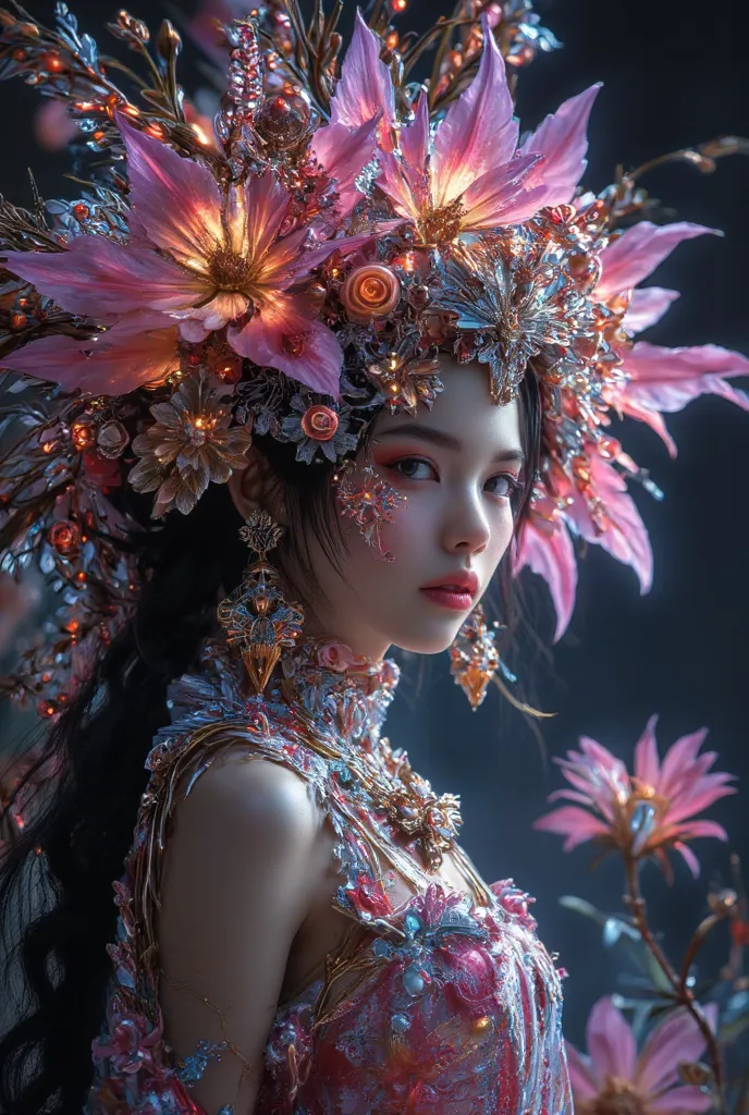 (anthropomorphic flower), (girl and flower merge), Flower Fairy, I drew a shining girl in detail, Girl looking at viewers and smiling, Ornate and lavishly decorated figure, Picture of a shining person,long hair,( Yan Photo), Calm Atmosphere,It's so beautif...