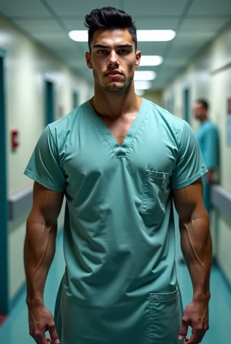 man, Realistic, black hair, wearing hospital clothes,  in a hospital corridor, in a hospital corridor, corps inteiro, vestindo patient clothes, defined muscles, sexy, patient clothes.