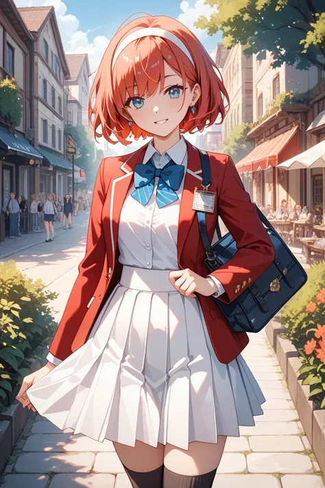 ,aakikyo, short hair, hair intakes, white hairband, blue bowtie, shirt, blazer, red jacket, long sleeves, white skirt, pleated skirt, black socks {{{masterpiece}}}, {{{best quality}}}, {{ultra-detailed}}, {illustration}, {{an extremely delicate and beautif...