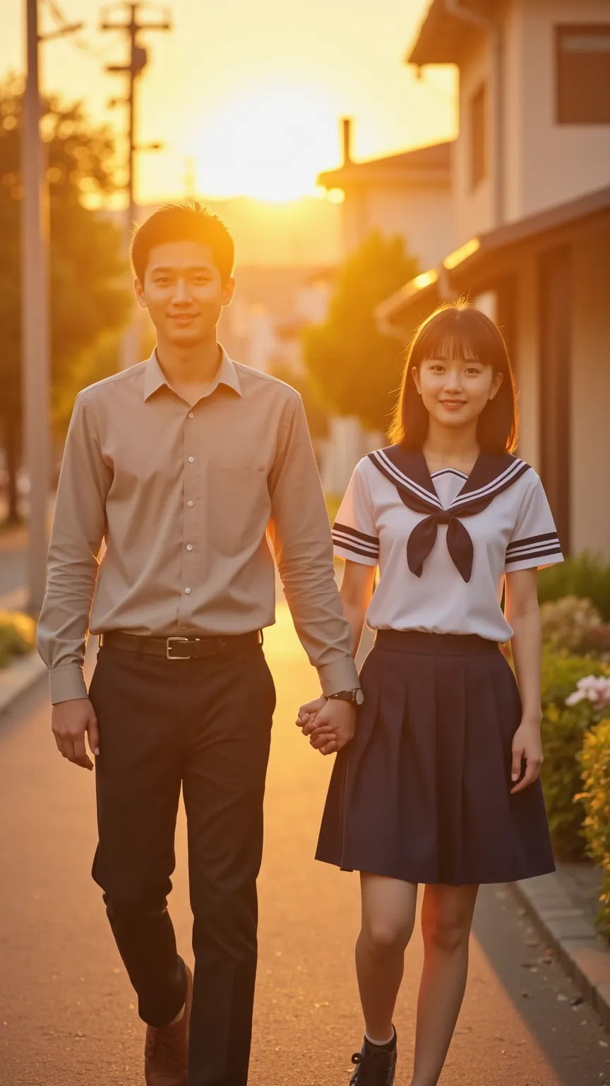 A high school Japanese couple walking home together at sunset, holding hands, Wearing high school uniform,warm golden light, soft cinematic glow, gentle smiles, a nostalgic and heartwarming atmosphere, ultra-detailed facial expressions