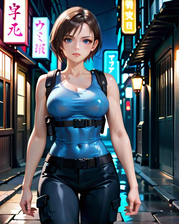 Jill Valentine walking through a narrow, neon-lit alley at night, her tight, wet tank top clinging to her athletic yet curvy body. The rain drips from her short brown hair as she looks over her shoulder with an intense, seductive gaze. Her combat pants hug...