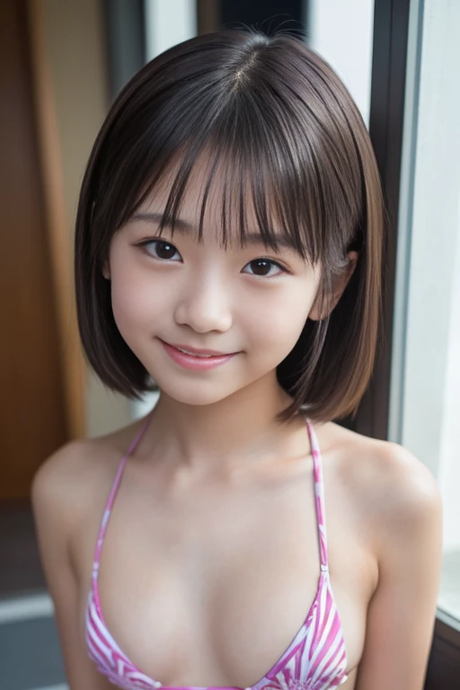 textured skin, Ultra High Definition, high detail, high quality, has won numerous awards, anatomically correct, accurate, masterpiece, (((middle school student with a transcendental cute face)))、((smile))、((uncorrected))、((transcendental small micro bikini...