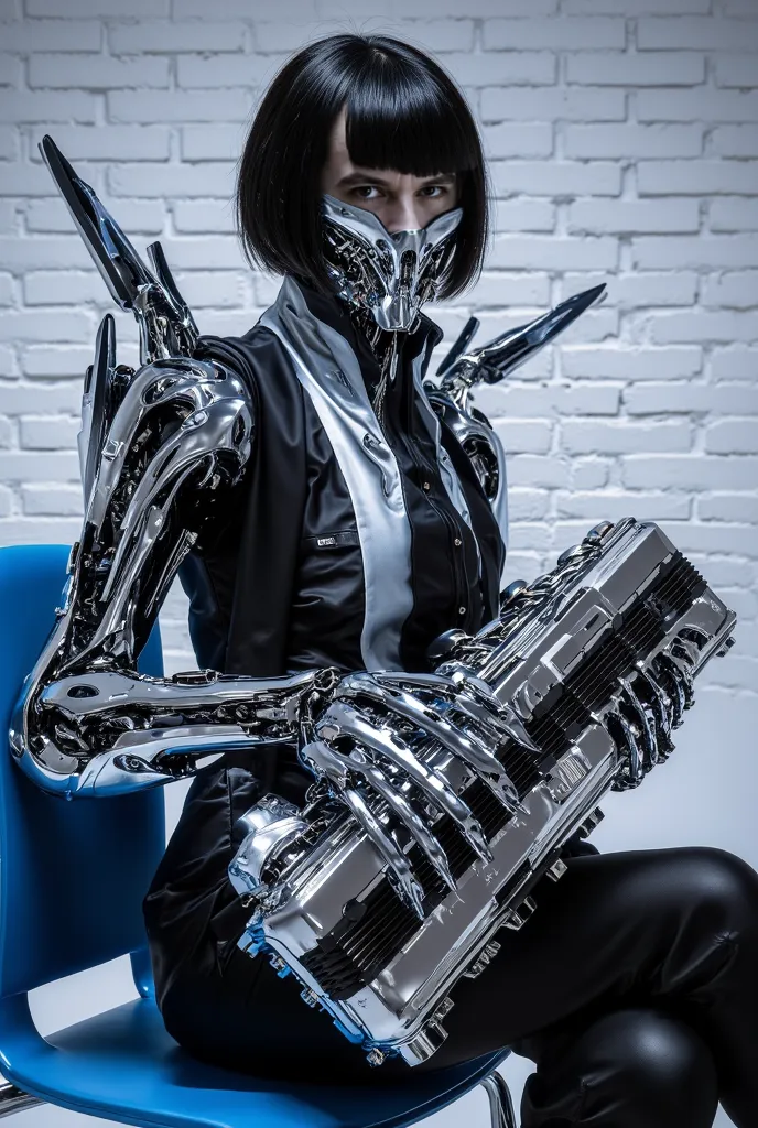 A photo-realistic portrait of a stylish bayanist with short dark hair, wearing an ultra-expensive futuristic outfit inspired by Terminator 2 with metallic silver and black accents, sleek leather textures, and bold futuristic design, holding a polished baya...