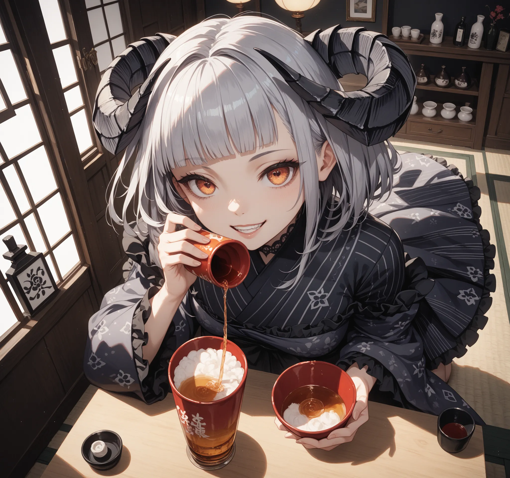 2k,  1girl , One picture,  composition from above, full body illustration, 26 years old, Front face, Gray Hair,  double teeth, frill kimono,  gothic punk, yandere, menhela, asymmetry bangs, swept bangs, blunt bangs,  Japanese sake , drinking,  drink alcoho...