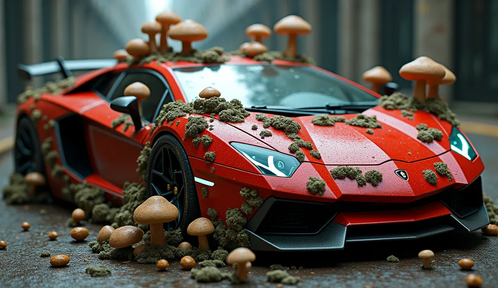 A sleek, red Lamborghini parked in an urban setting, completely covered by an overwhelming infestation of fungi. Strange, grotesque mushrooms and mold sprout from the car's glossy surface, spreading across the windows, headlights, and doors. The fungi vary...