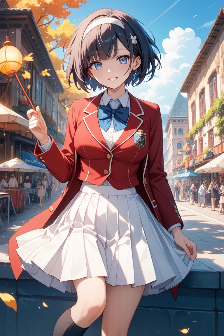 ,aakiyo, short hair, hair intakes, white hairband, blue bowtie, shirt, blazer, red jacket, long sleeves, white skirt, pleated skirt, black socks {{{masterpiece}}}, {{{best quality}}}, {{ultra-detailed}}, {illustration}, {{an extremely delicate and beautifu...