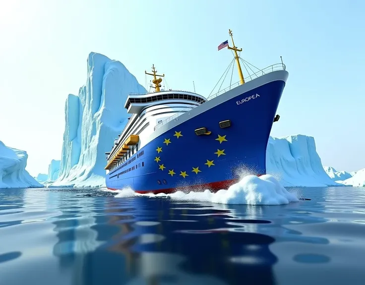 a large ship in the colors of the European flag crashing against an iceberg and falls to the bottom of the sea. a large European ship in the colours of the European flag crashes into an iceberg and sinks. the ship in electric blue with 13 yellow stars. maj...