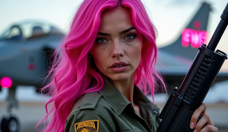  a woman with lush beauty , with long hair,  wavy bright pink hair ,  with a rifle in her hand and looking at the spectator with piercing eyes . Behind it is an Air Force warplane and some pink details and a luminous sign that says “FMS”