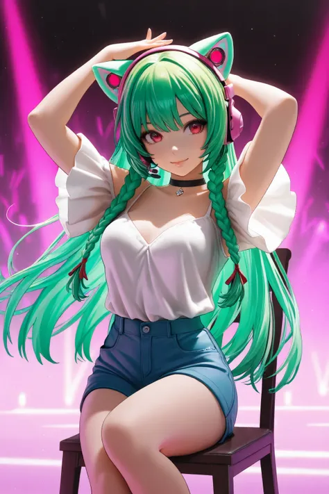 1 ,    Alone,    masterpiece,    dancing ,   ultra realistic, silky hair,     Long green hair , Double fringe braids , gamer woman, half-loose white blouse, Tight blue shorts, black choker, pink gamer headset with kitten ears on the head, sitting on a chai...