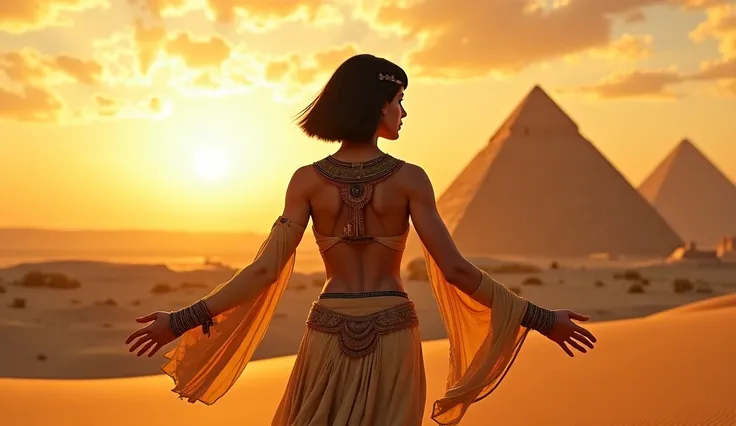 foto de una chica de cabello negro corto sobre los hombros hombros  of footl blanco completamente de espaldas con los brazos extendidos hacia los lados, On the desert sand,  of foot, From her back looking at the pyramids in front of her, she has Egyptian c...