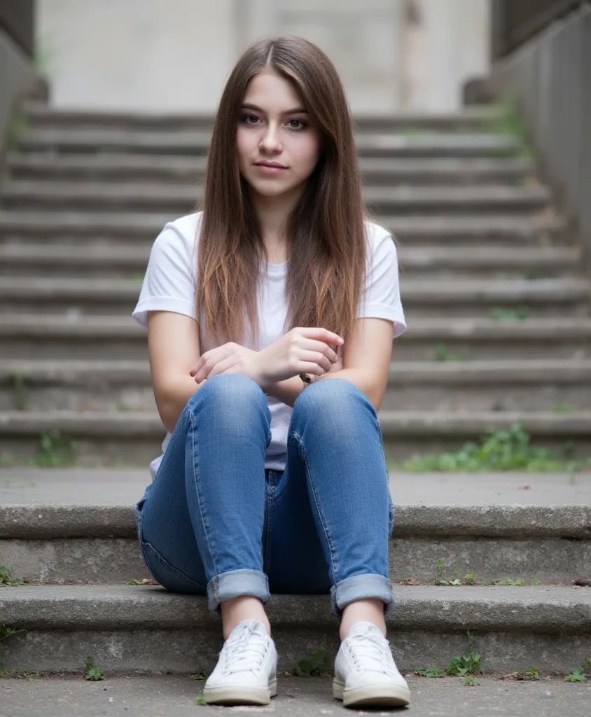 woman sitting on the stairs. Does jeans in, and sneakers.   style photorealistic ,  sharp focus, very detailed,  full body