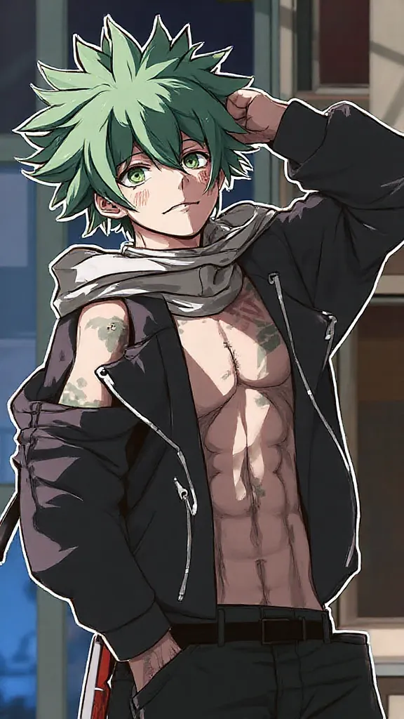 Izuku_Midoriya and Trafalgar_law,  a boy,  old boy, rowdy green hair,  mint green eyes , freckles on the cheeks,  tall stature, tattoos on the upper body, open black hoodie showing the bare torso,  sleeves rolled up , jeans, pointy black shoes, with a long...