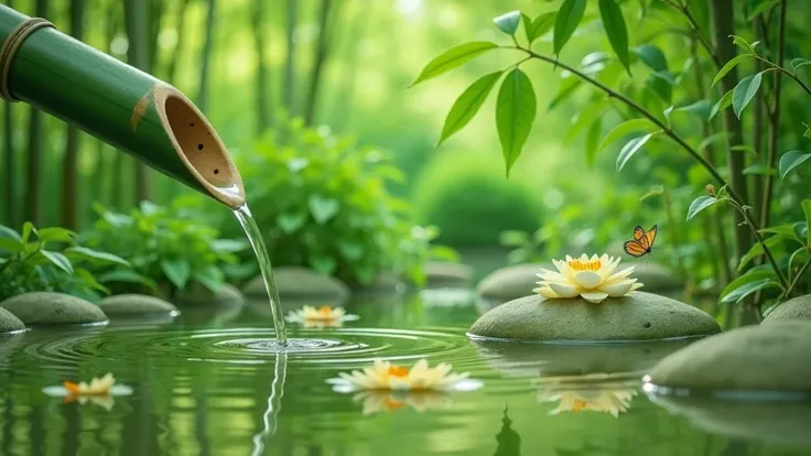 A serene garden scene featuring a bamboo spout pouring water into a calm pond. The water creates ripples around smooth stones, and a delicate white lotus flower floats nearby. Lush green foliage surrounds the pond, with butterflies fluttering above. Soft s...