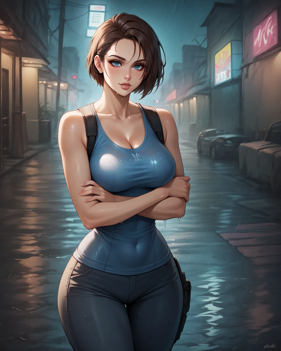 Jill Valentine walking through a narrow, neon-lit alley at night, her tight, wet tank top clinging to her athletic yet curvy body. The rain drips from her short brown hair as she looks over her shoulder with an intense, seductive gaze. Her combat pants hug...