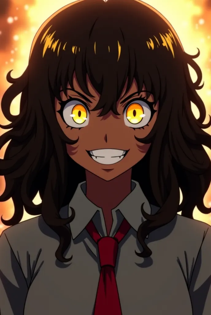 Screenshot of the anime My Hero Academia,beautiful woman, piel oscura,brown hair with long curly blonde highlights,Yellow eyes, crazy smile, gray shirt red tie