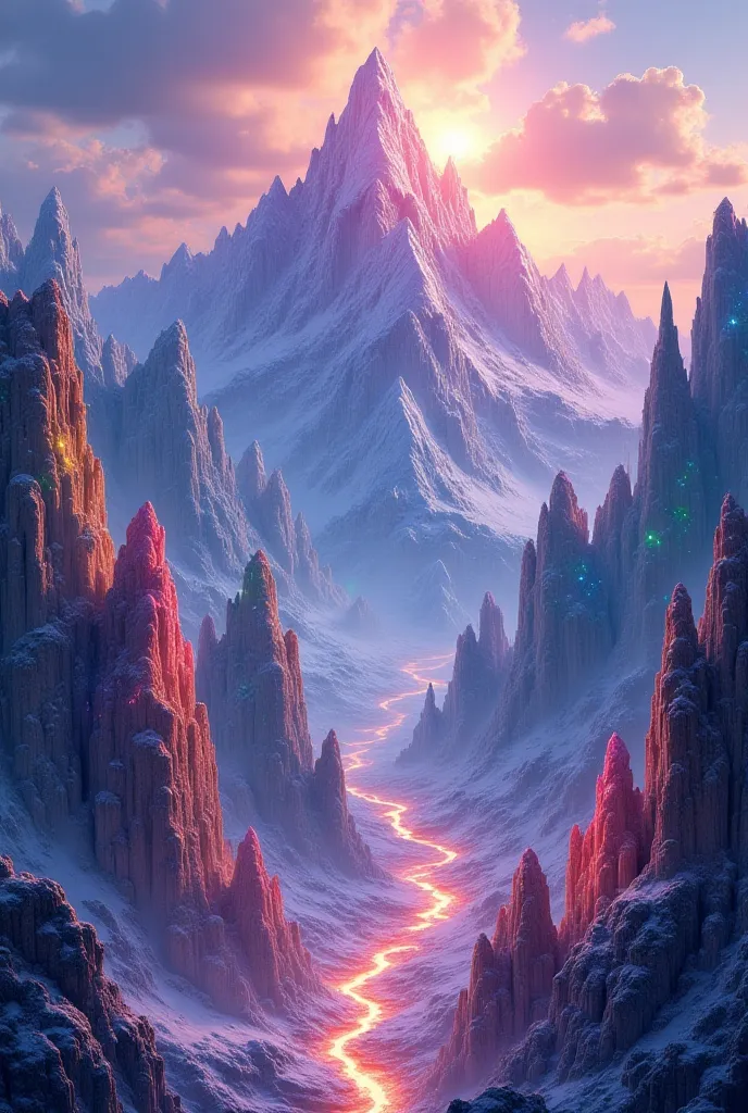 Rising like ancient sentinels, the crystal mountains glitter under a radiant sky, their jagged peaks kissed by the sun's light. Each mountain is a masterpiece of nature’s artistry, formed from shimmering quartz, amethyst, and sapphire, reflecting a kaleido...