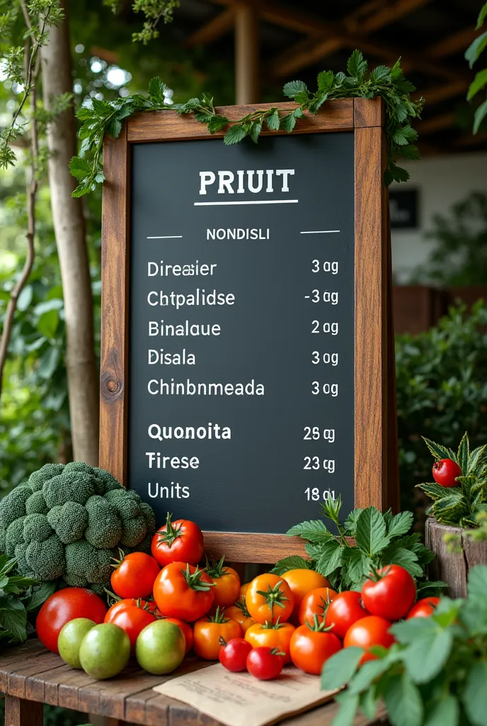 A PVC blackboard with three vertical rows: product, unit and price, that the presentation is the farm and that the bottom of the board is made of ortalisas and viandas