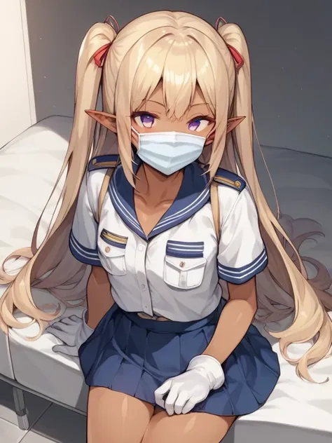  score_9,  score_8_up,  score_7_up,  source_ADMIN BREAK 1girl, Alone, nsfw， uncorrected，DDF, purple eyes, dark-skinned woman, blond hair, two side up, very long hair, pointed ears,  remove the mask, mouth mask, small breasts，Chest，white shirt，navy blue ski...