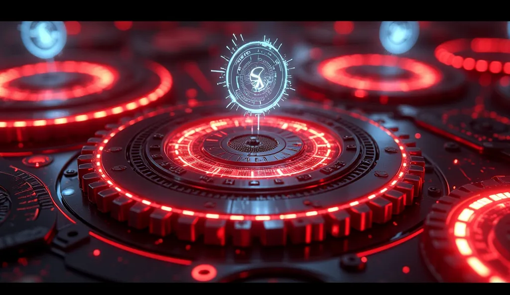 A highly detailed futuristic wallpaper, featuring mechanical gears and holographic circles intertwined, all shining in shades of intense neon red and luminous white. The background is dark to highlight the lighting effects, with an advanced technological d...