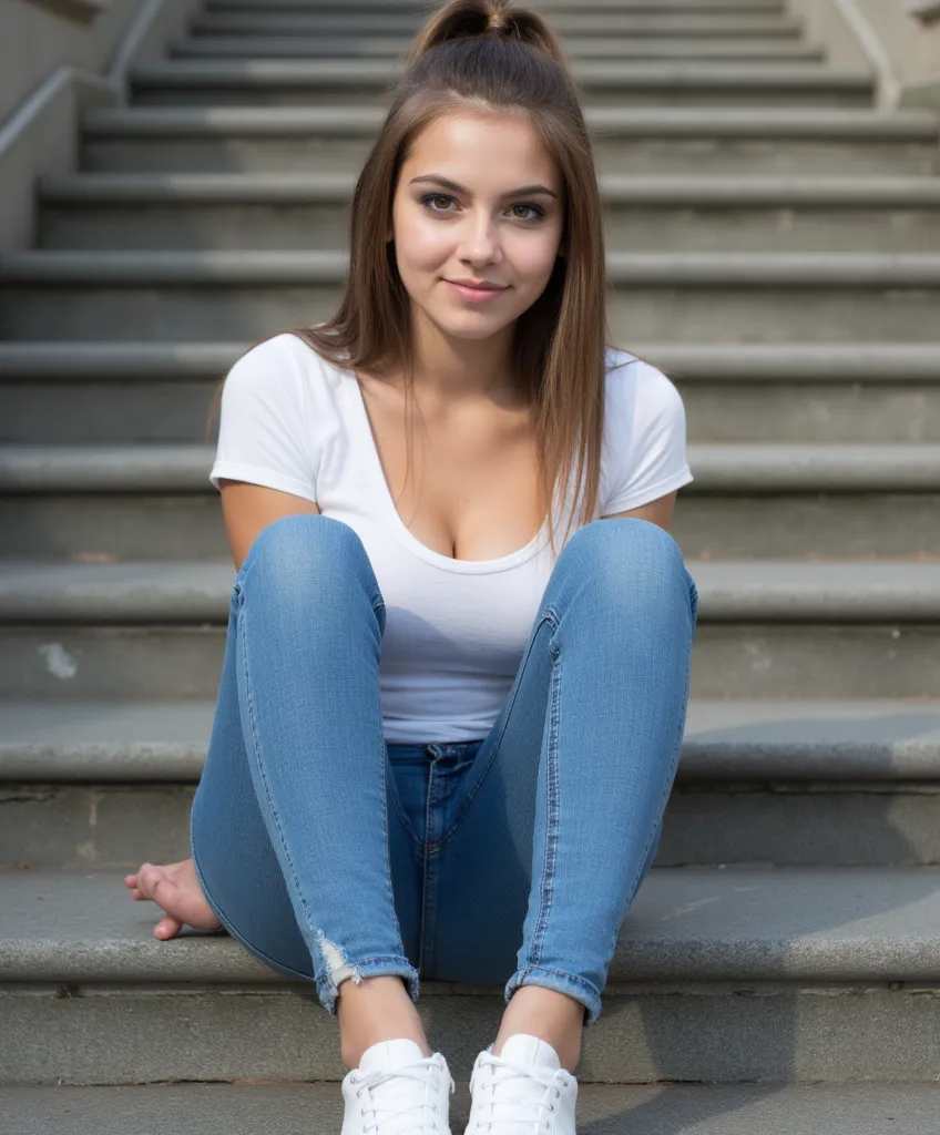 woman sitting on the stairs. Does jeans on, and sneakers.   style photorealistic ,  sharp focus, very detailed,  full body