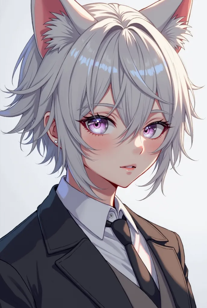  handsome guy , with white cat ears, white-haired, and crystal eyes, dressed in black and white school clothes , cute eyes and bangs that slightly cover his forehead, art realism photo Dpt a little bit 3d pretty look