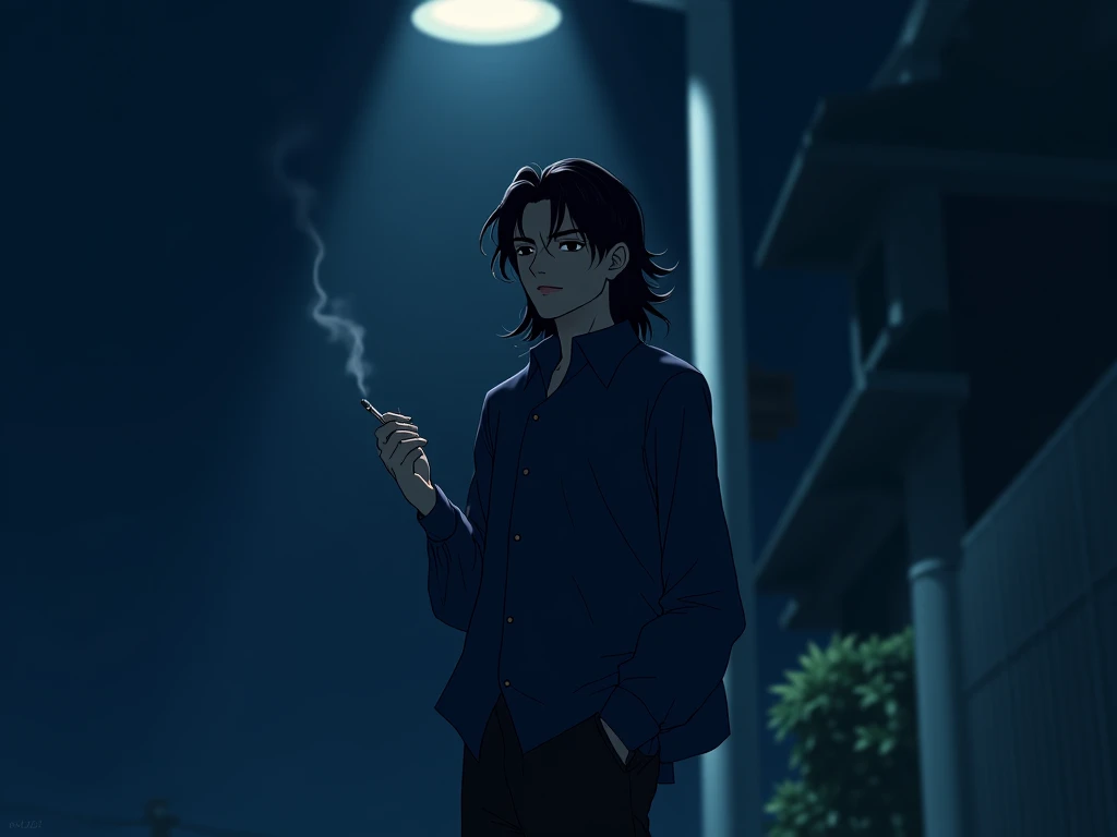 Gibli style inspiration, a tall man standing under a light poster long wavy black hair frown smoking a Cigarette dark clothing dark blue long-sleeved t-shirt,  night,  lonely dark street